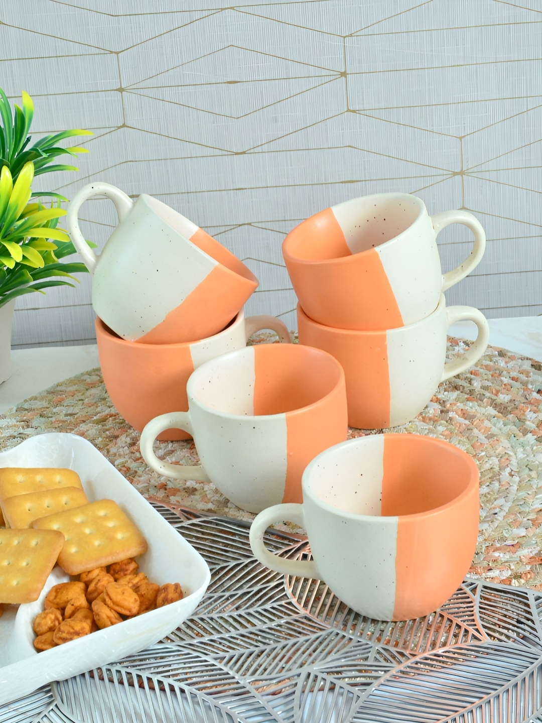 

FABINALIV Orange & White 6 Pieces Textured Ceramic Matte Cups and Mugs