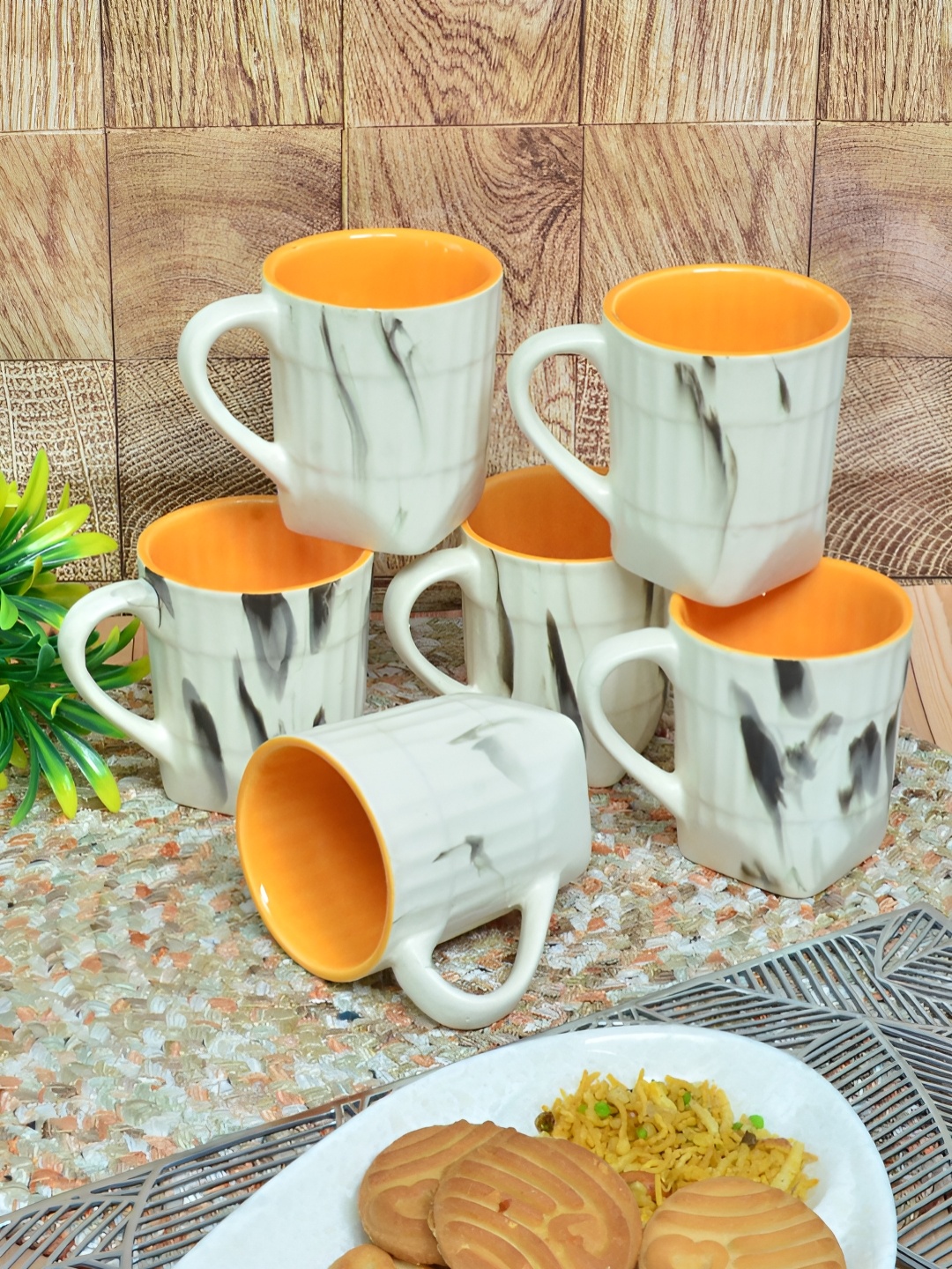 

FABINALIV Yellow & White 6 Pieces Solid Ceramic Matte Cups and Mugs