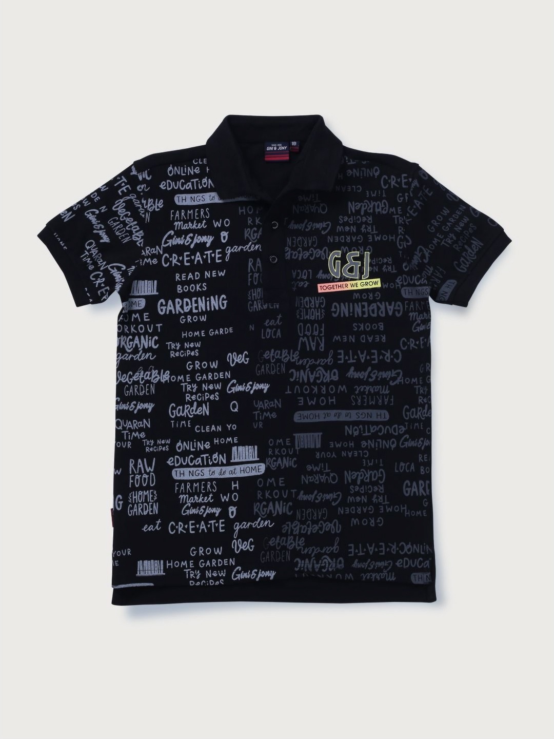 

Gini and Jony Boys Typography Printed Polo Collar Cotton T-shirt, Black