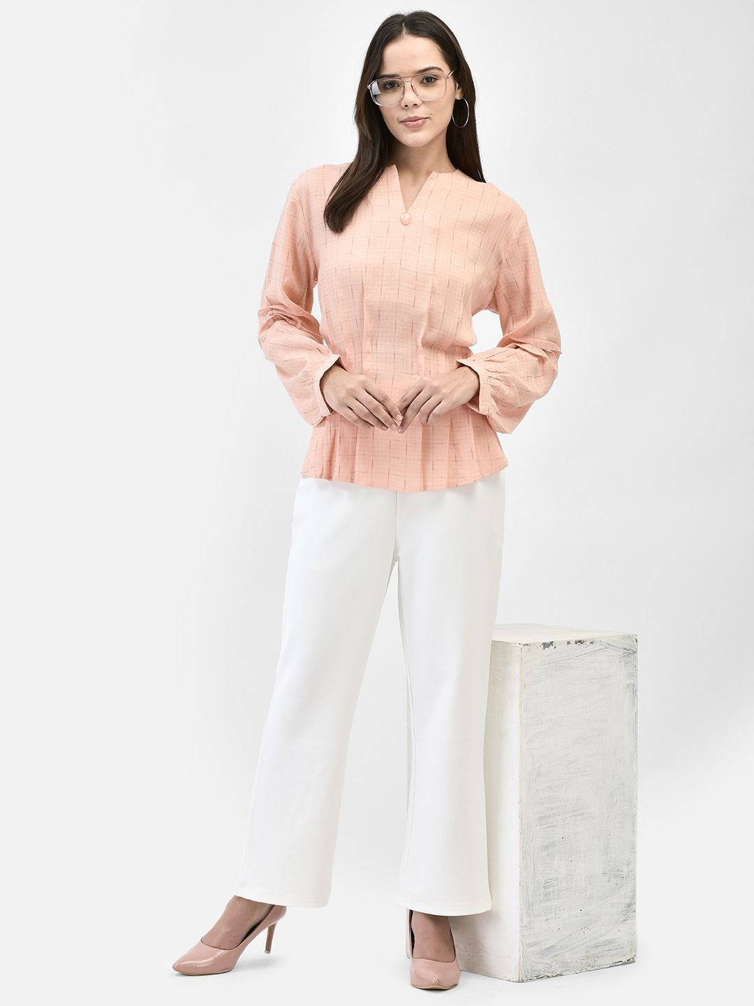 

FUTURO Women Self Design Mandarin Collar Top, Peach