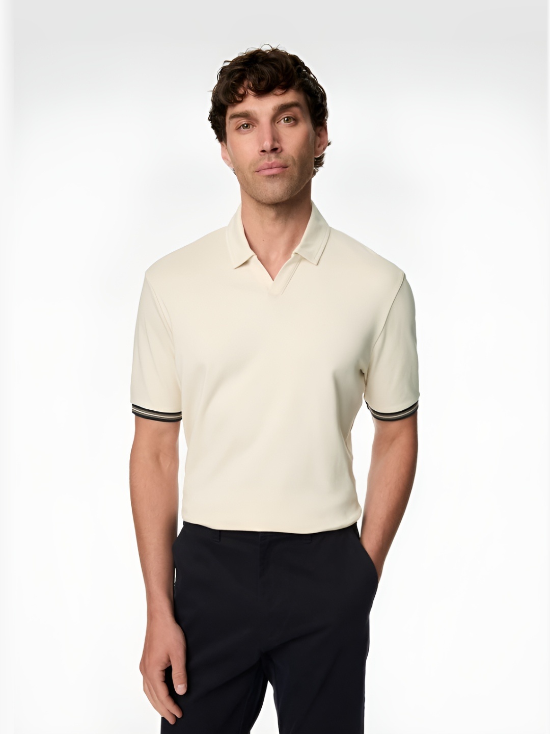 

Marks & Spencer Men Solid Polo Collar Cotton T-shirt, Cream