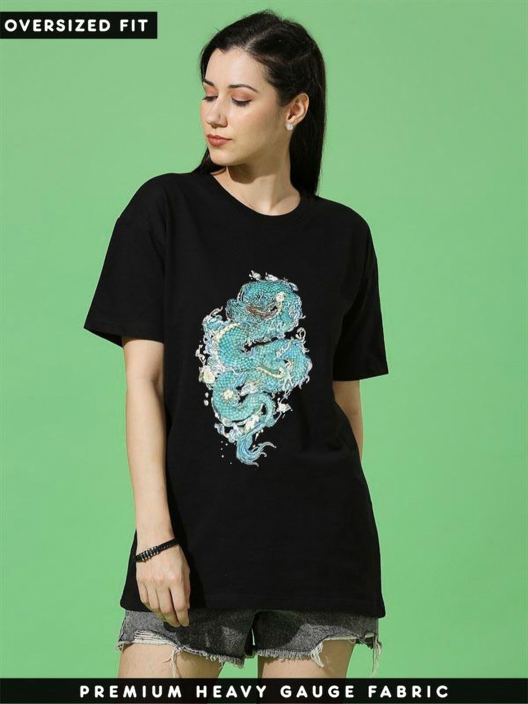 

REVEXO Women Graphic Printed Round Neck Cotton Oversized T-shirt, Black