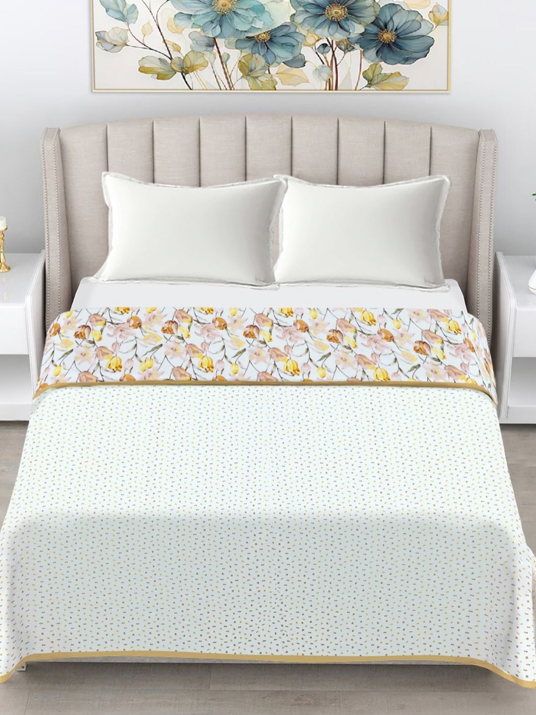 

FABINALIV Beige & White Floral AC Room 300 GSM Cotton Double Bed Dohar