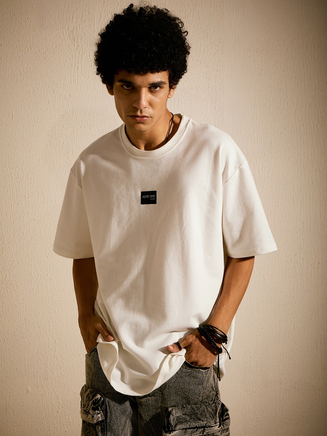 

ALMOST SANE Men Solid Round Neck Cotton Oversized T-shirt, White