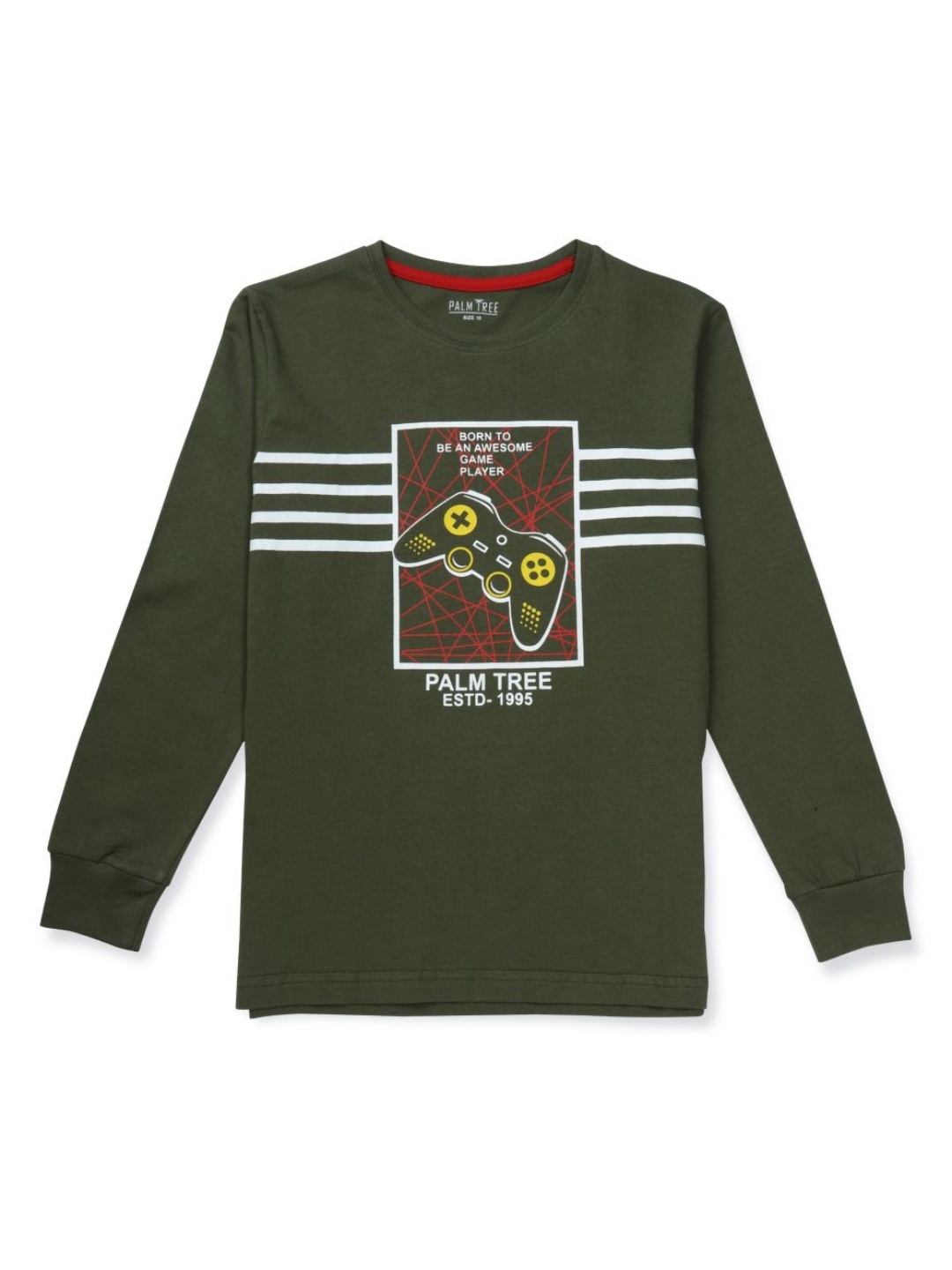 

Palm Tree Boys Graphic Printed Round Neck Cotton T-Shirt, Olive