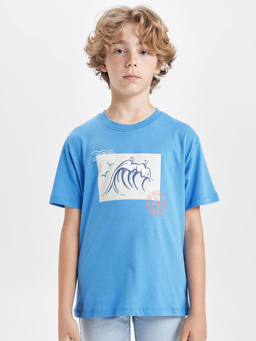 

DeFacto Boys Graphic Printed Round Neck Cotton T-shirt, Turquoise blue