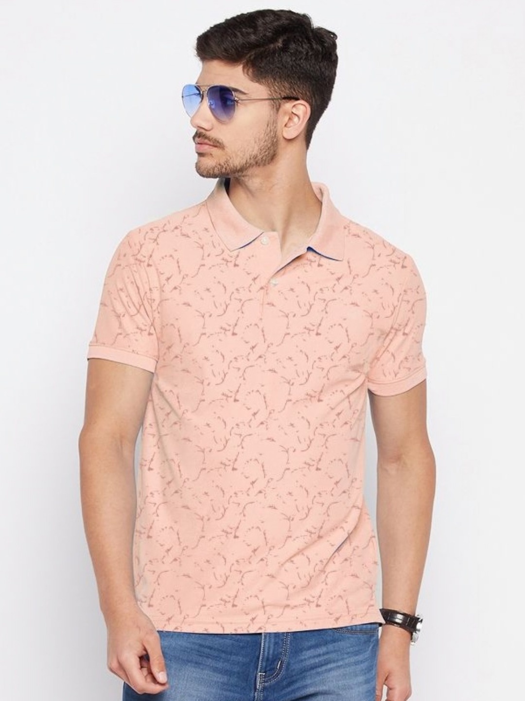 

RISS Men Abstract Printed Polo Collar Cotton T-shirt, Coral