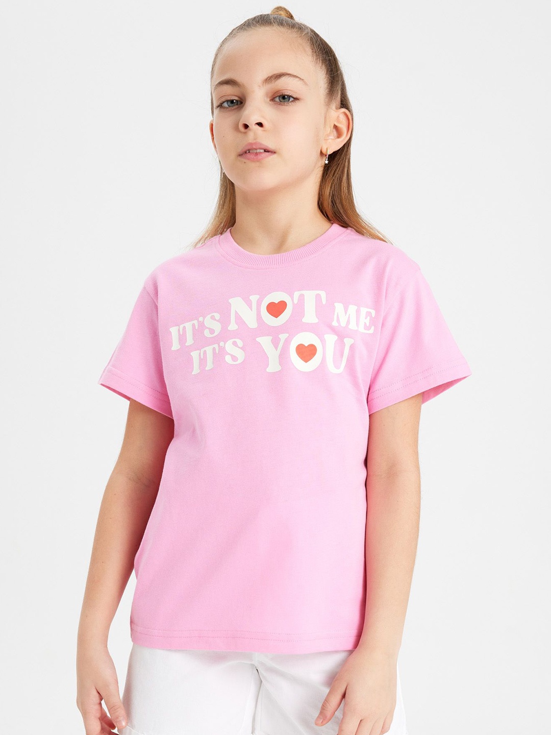 

DeFacto Girls Typography Printed Round Neck Cotton T-shirt, Pink