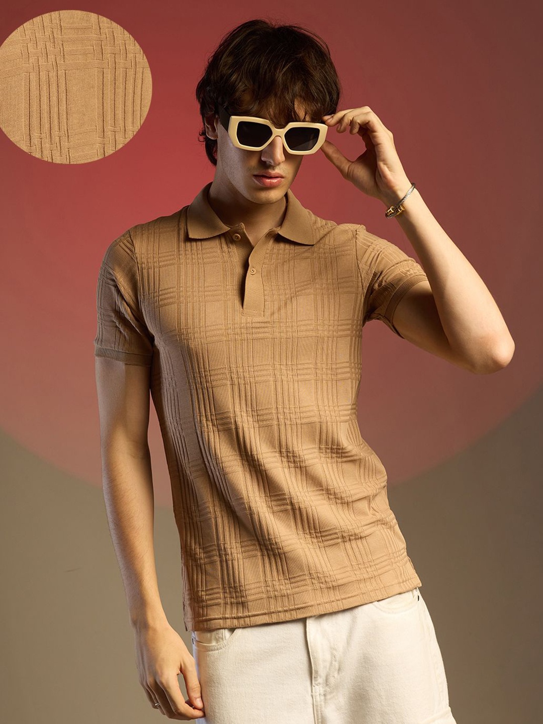 

Campus Sutra Men Self Design Polo Collar Cotton T-shirt, Brown