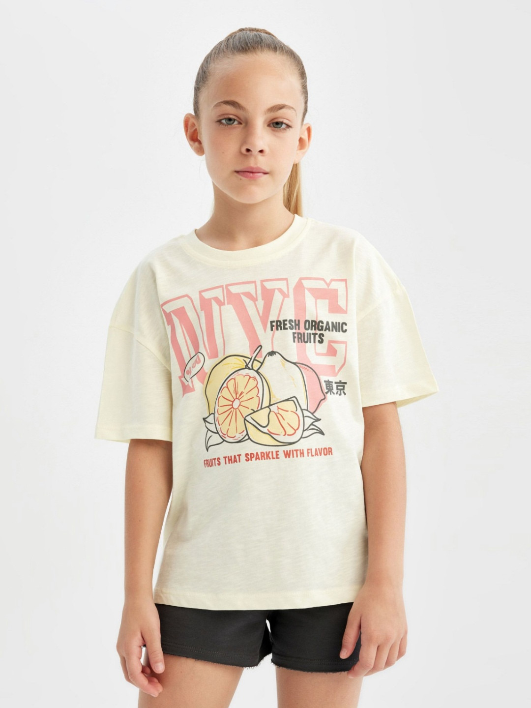 

DeFacto Girls Typography Printed Round Neck Cotton T-shirt, Yellow