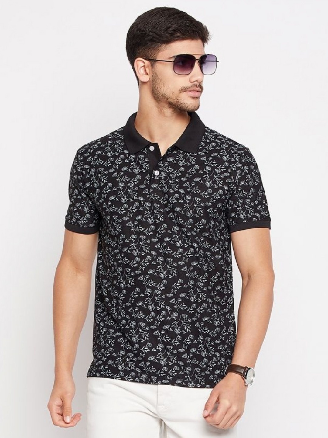 

RISS Men Floral Printed Polo Collar Cotton T-shirt, Black