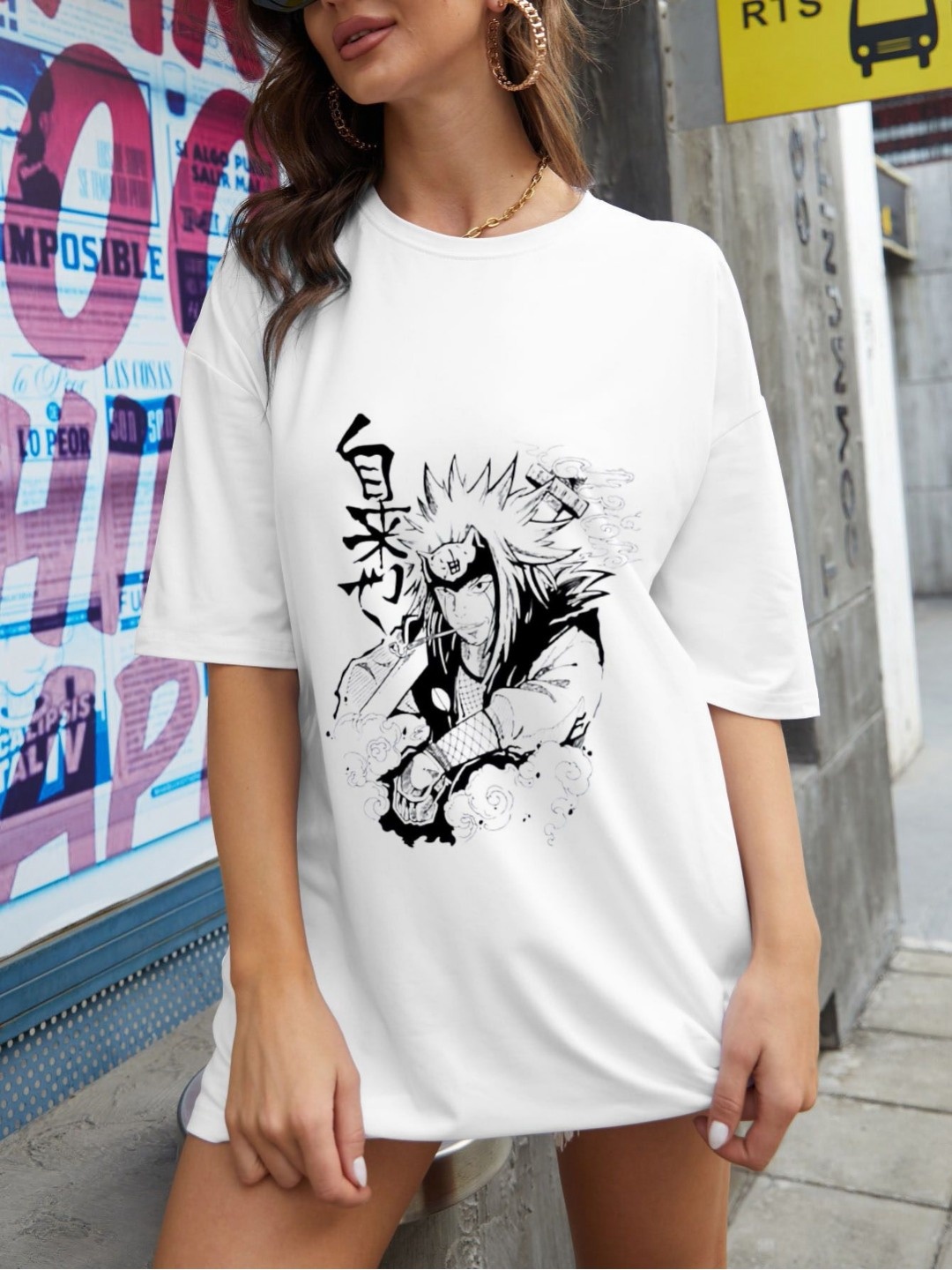 

REVEXO Women Graphic Printed Round Neck Cotton Oversized T-shirt, White