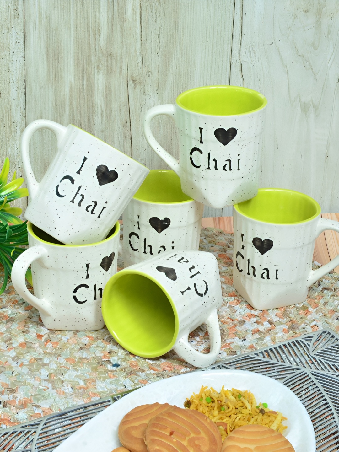 

FABINALIV Green & White 6 Pieces Solid Ceramic Matte Cups and Mugs