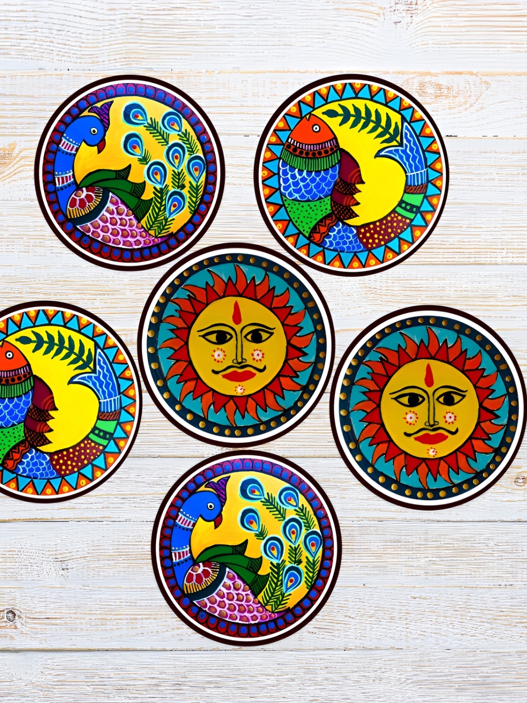 

Home Delight Yellow & Blue 6 Pieces Pichwai Art Printed Round Wooden Coasters