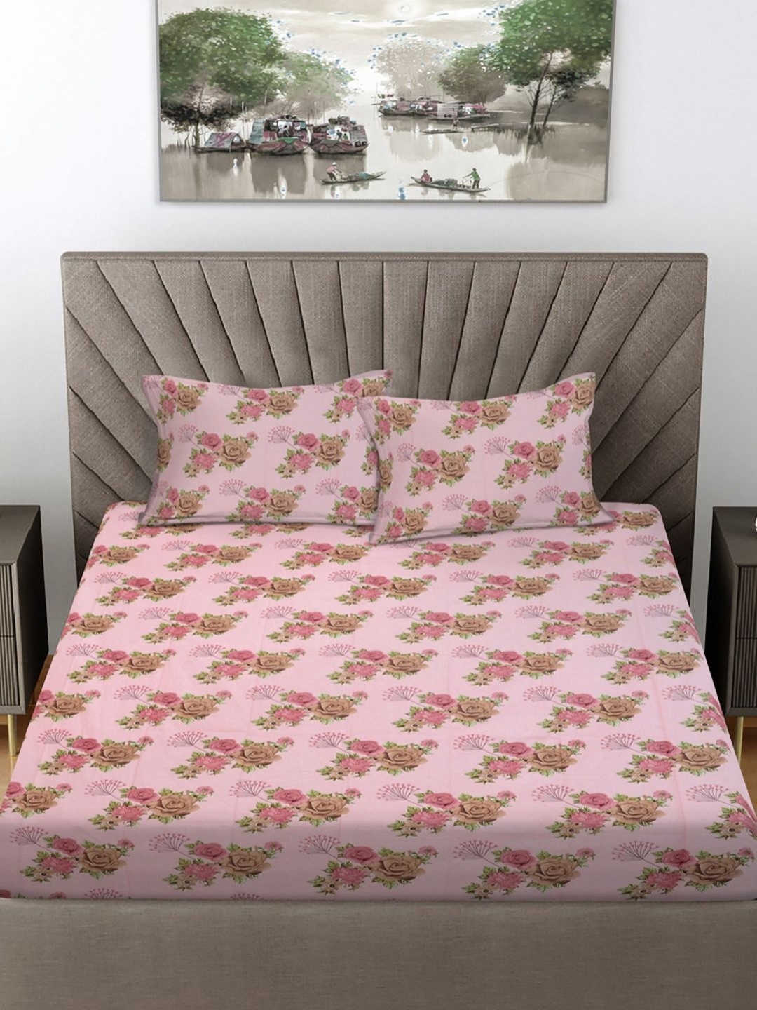 

FABINALIV Pink & Brown Floral Print 300 TC Cotton King Size Bedsheet & 2 Pillow Covers