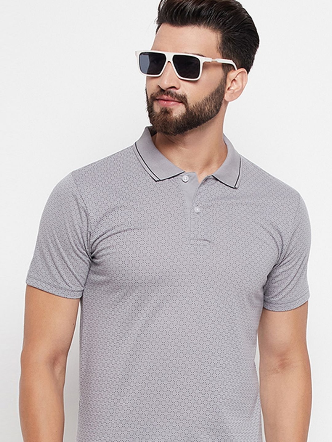 

RISS Men Geometric Printed Polo Collar Cotton T-shirt, Grey