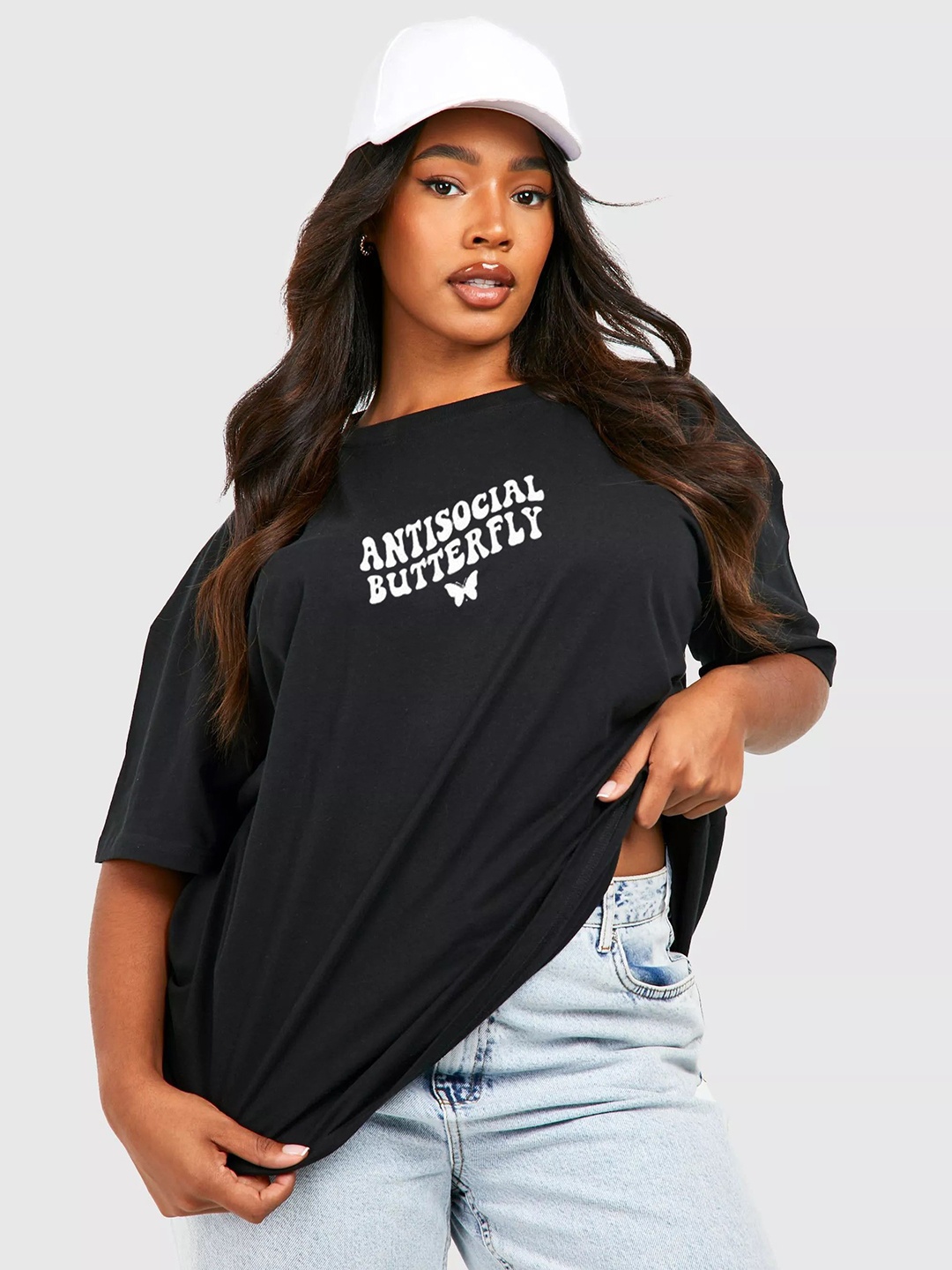 

REVEXO Women Typography Printed Round Neck Cotton Oversized T-shirt, Black