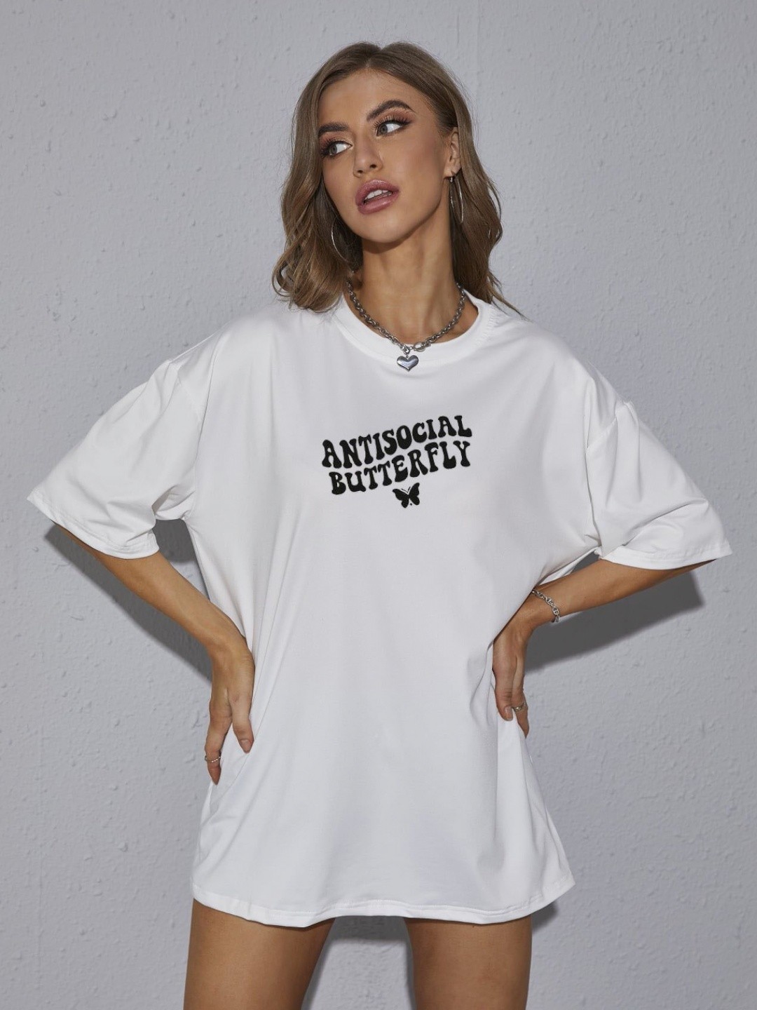 

REVEXO Women Typography Printed Round Neck Cotton Oversized T-shirt, White