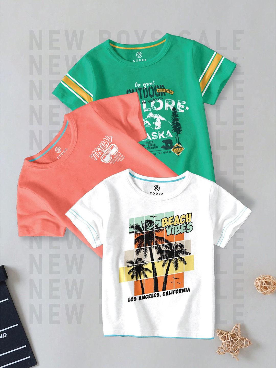 

CODEZ Boys Pack Of 3 Graphic Printed Round Neck Cotton T-shirts, Green