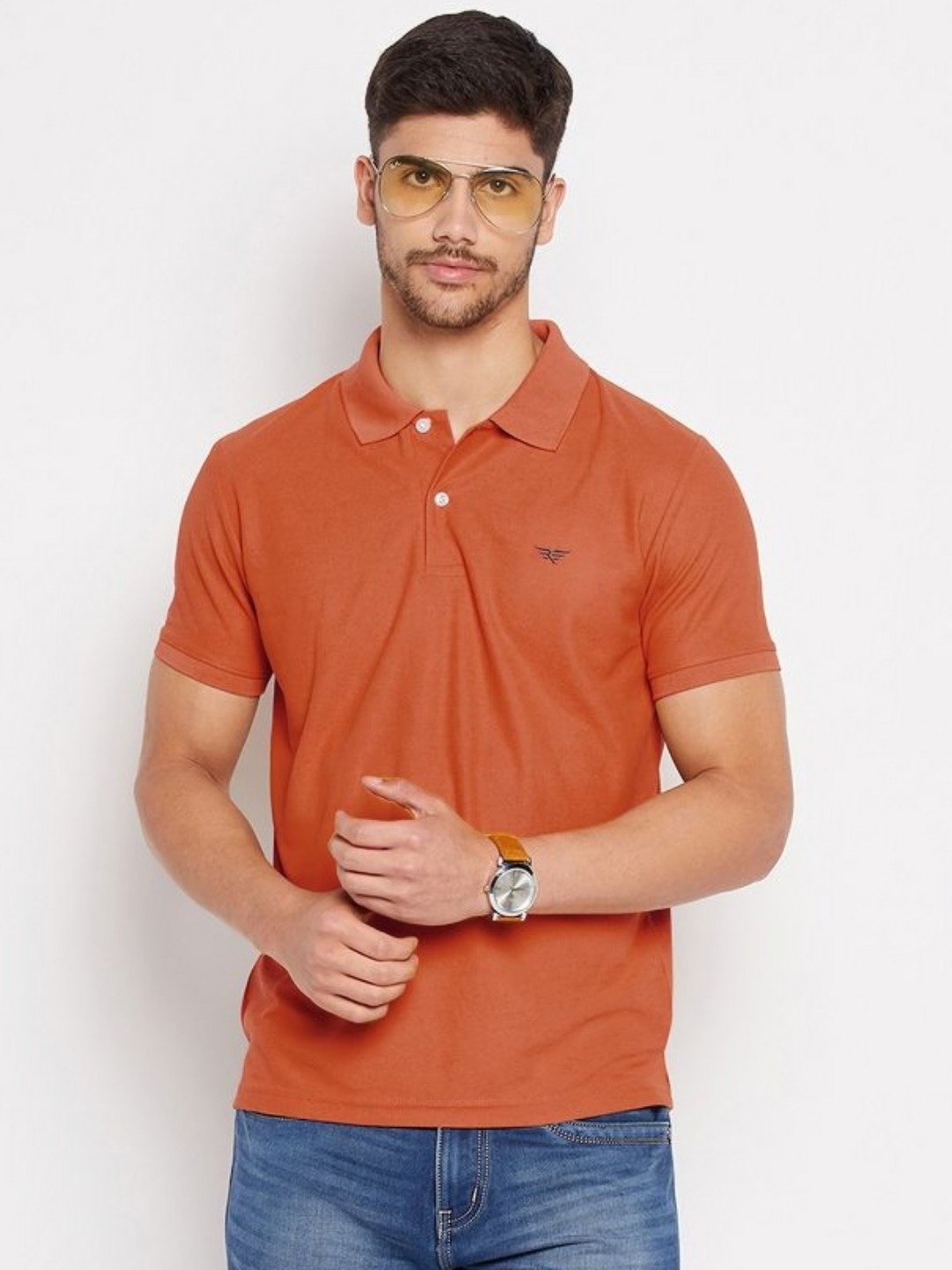 

RISS Men Solid Polo Collar Cotton T-shirt, Rust