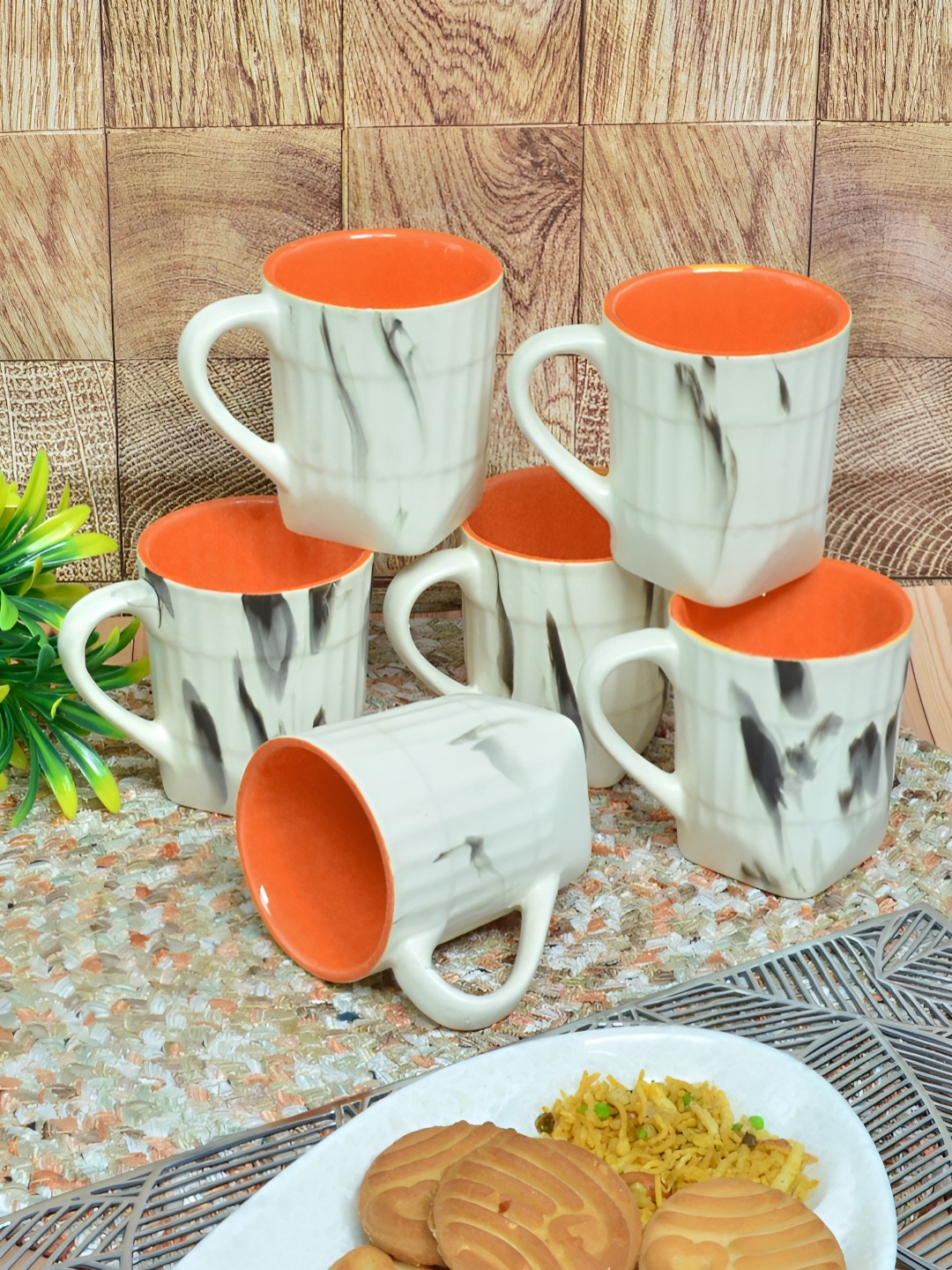 

FABINALIV Orange & White 6 Pieces Printed Ceramic Matte Cups and Mugs