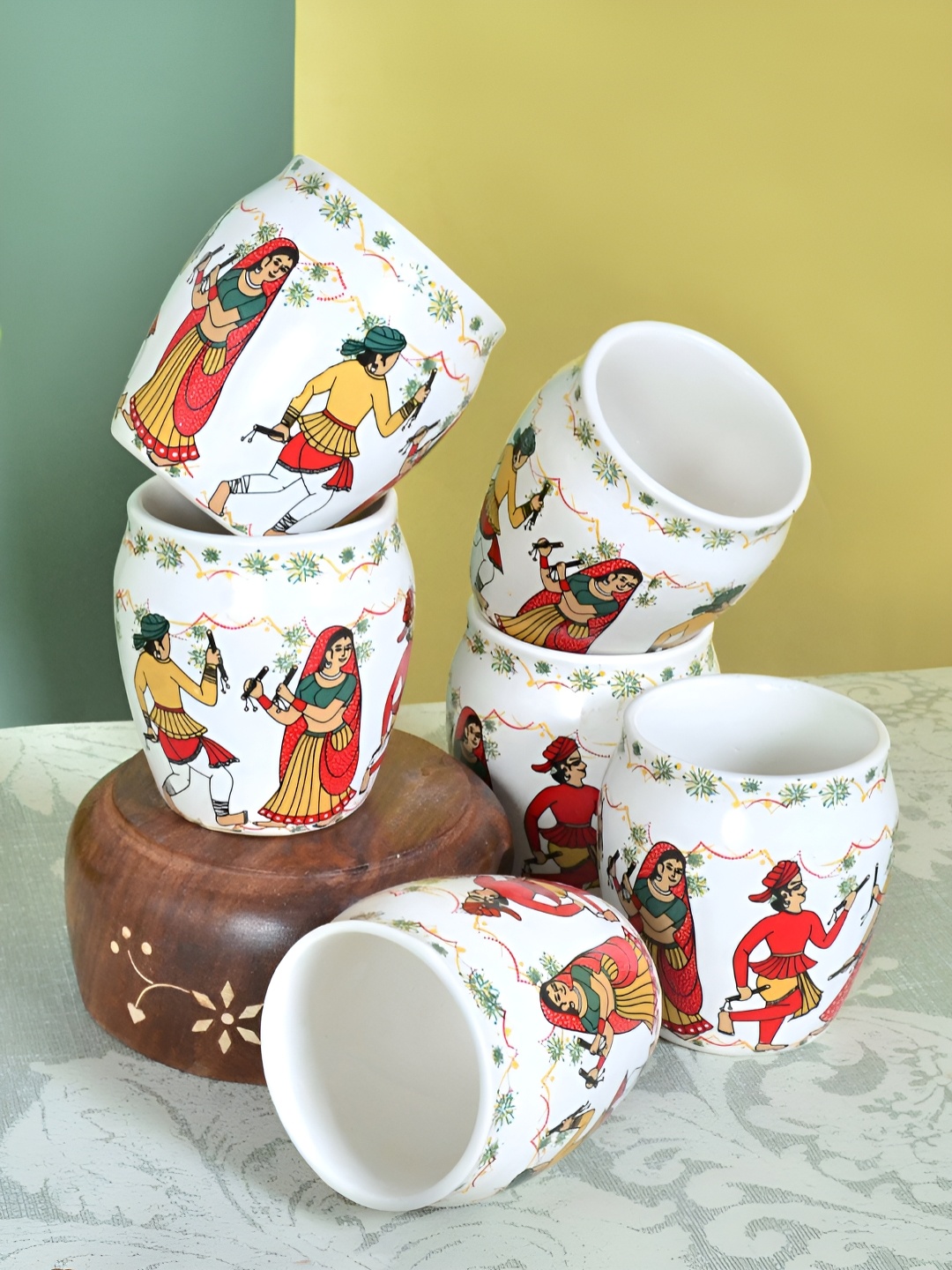 

FABINALIV White & Red 6 Pieces Printed Ceramic Glossy Kulladhs Set of Cups and Mugs
