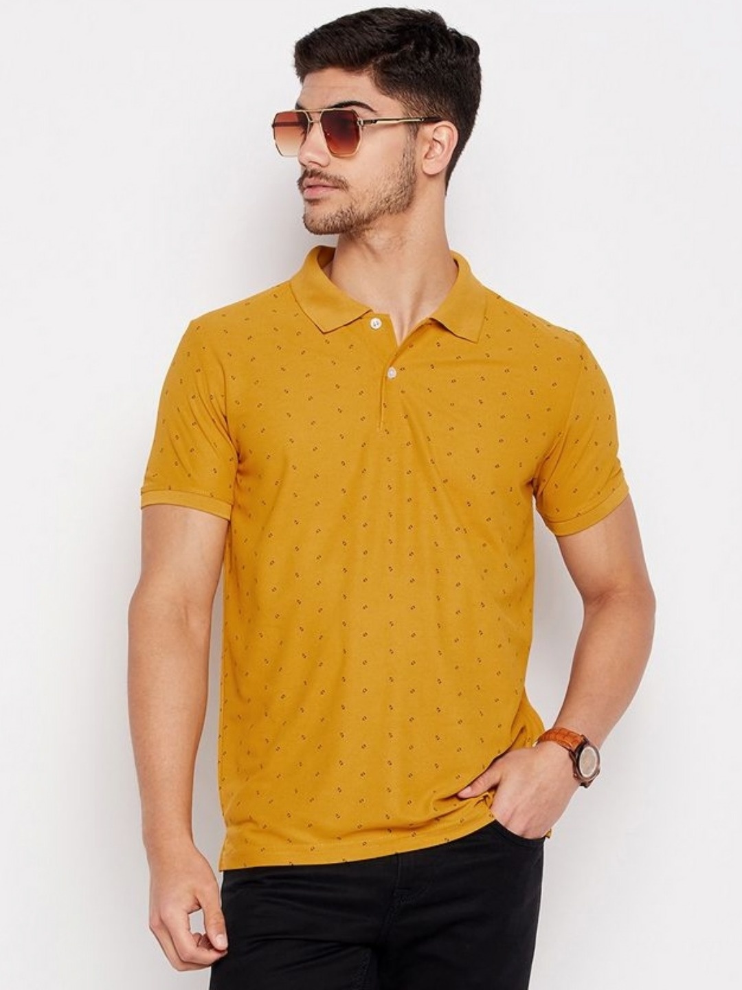 

RISS Men Geometric Printed Polo Collar Cotton T-shirt, Mustard