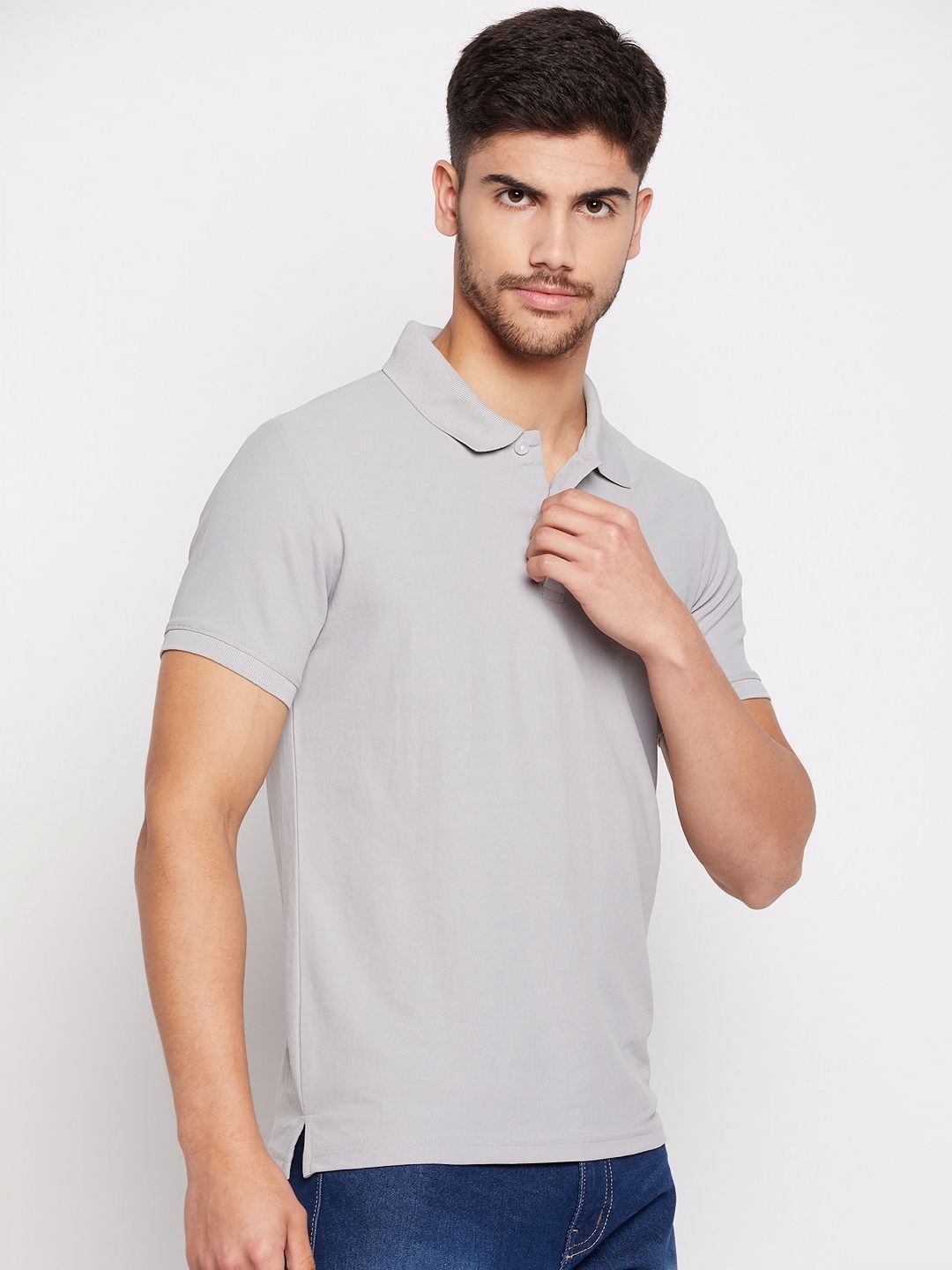

RISS Men Solid Polo Collar Cotton T-shirt, Grey