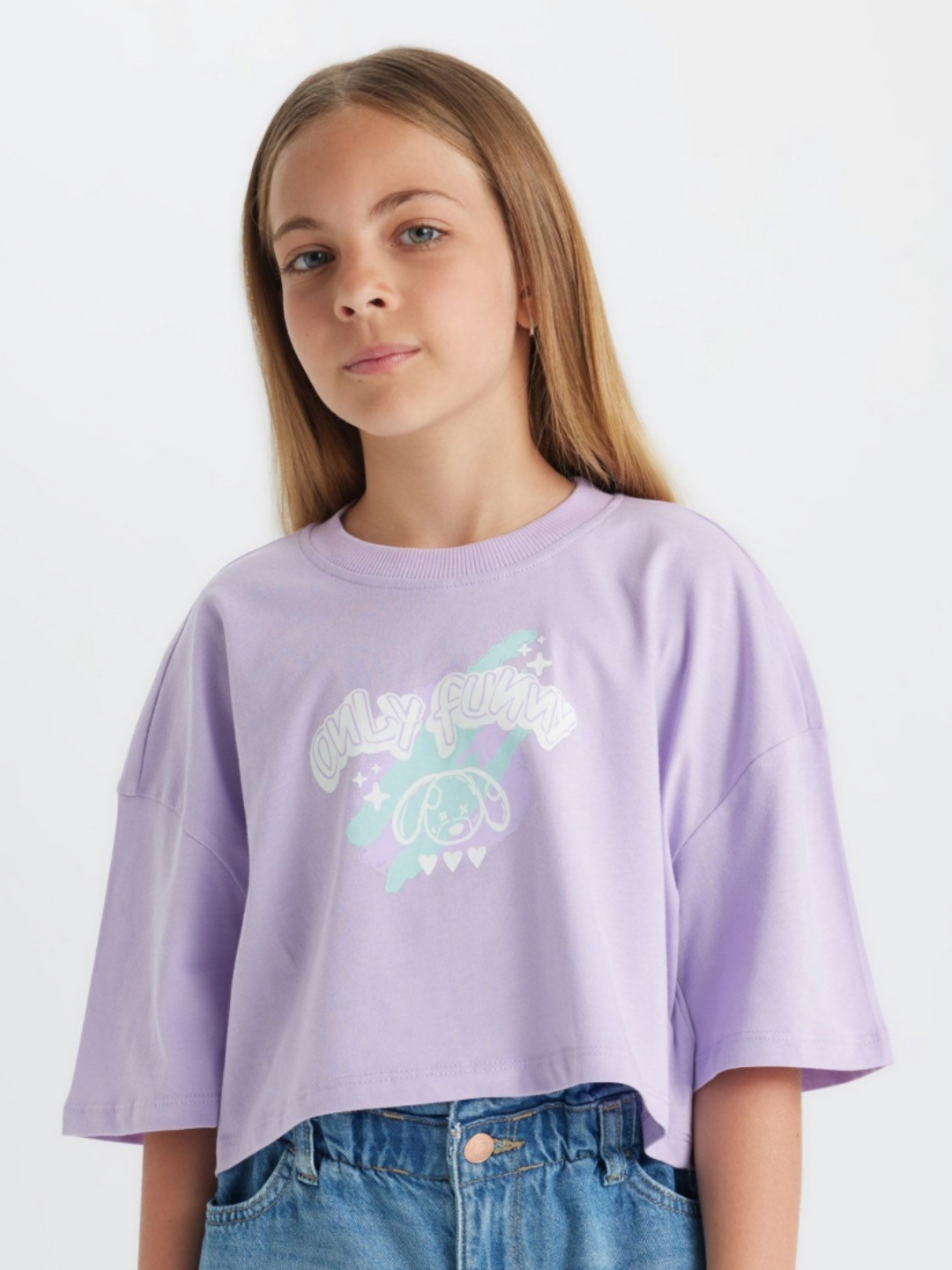 

DeFacto Girls Graphic Printed Round Neck Cotton T-shirt, Lavender