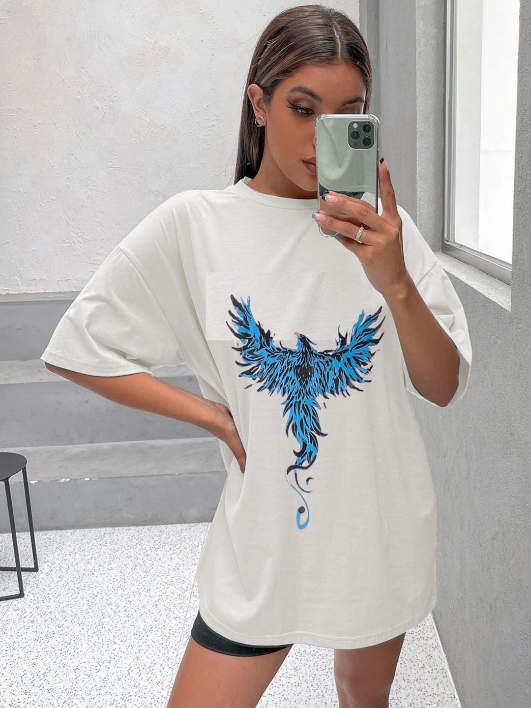 

REVEXO Women Graphic Printed Round Neck Cotton Oversized T-shirt, White