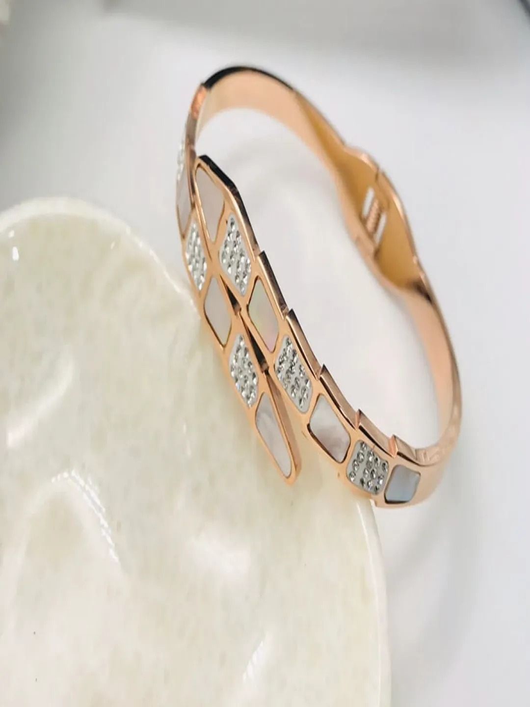 

V FASHION JEWELLERY Cubic Zirconia Studded Rose Gold-Plated Kada Bracelet