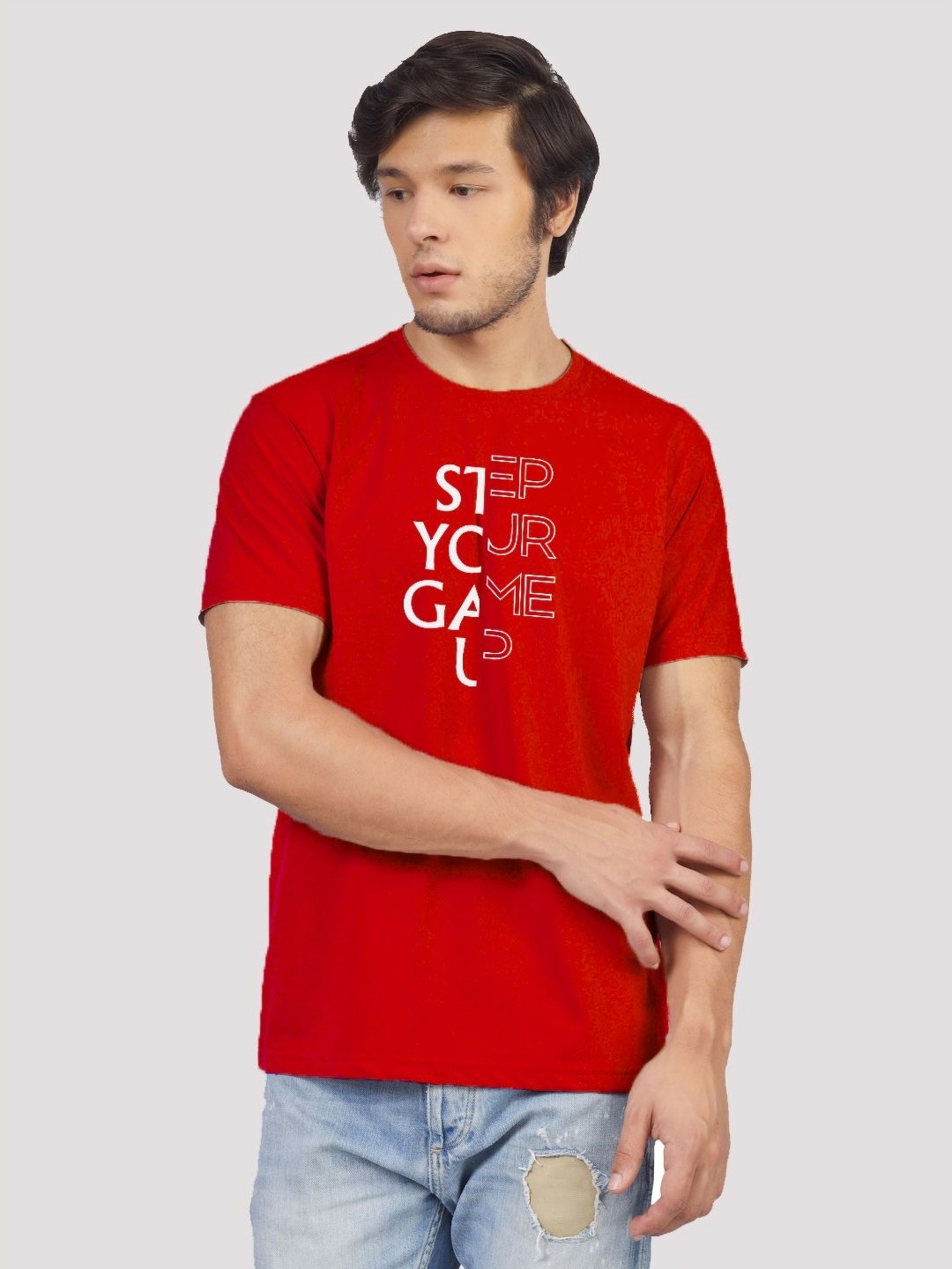 

Greylongg Men Typography Printed Round Neck Cotton T-shirt, Red