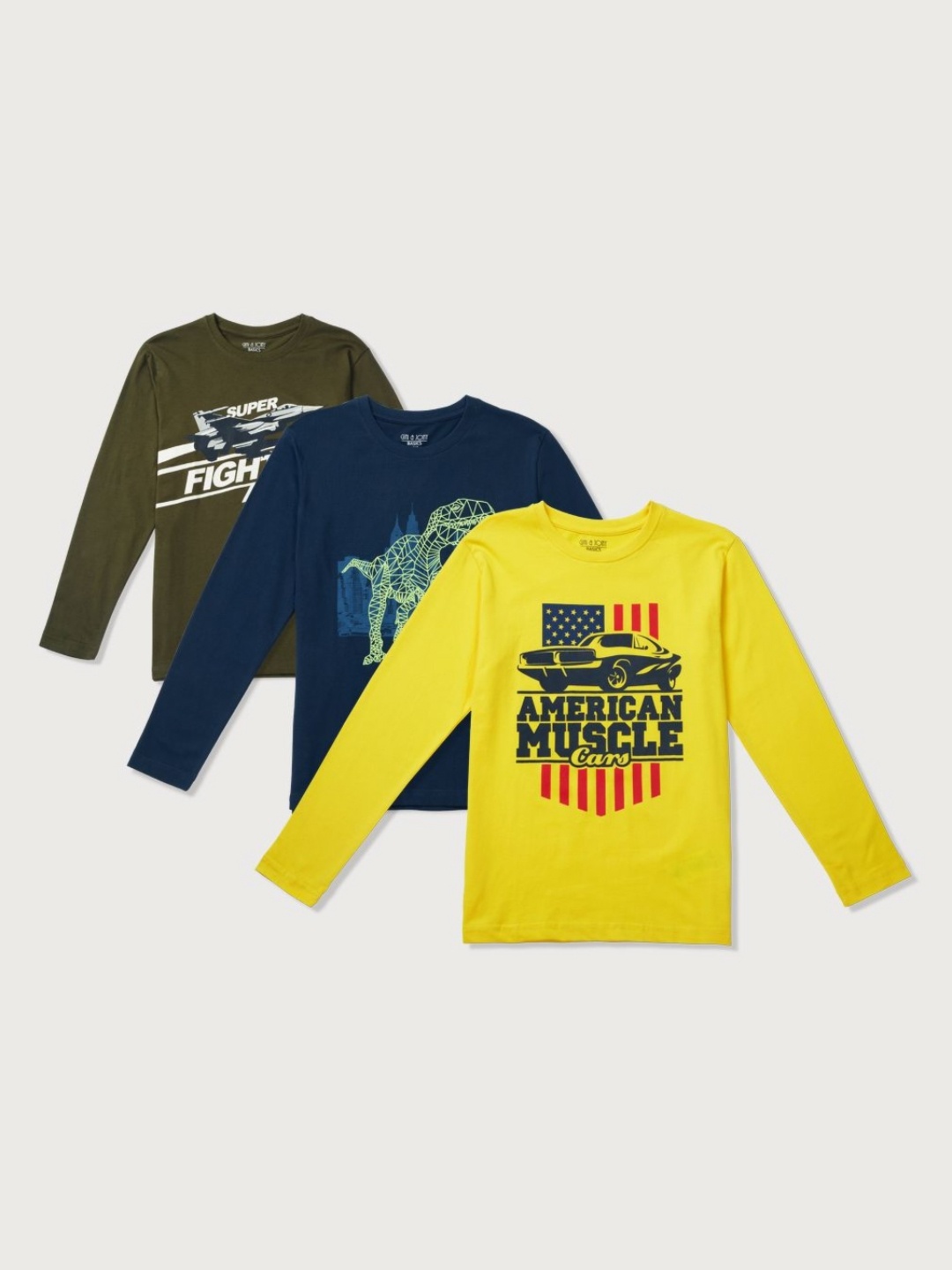 

Palm Tree Boys Pack Of 3 Graphic Printed Round Neck Cotton T-shirts, Olive
