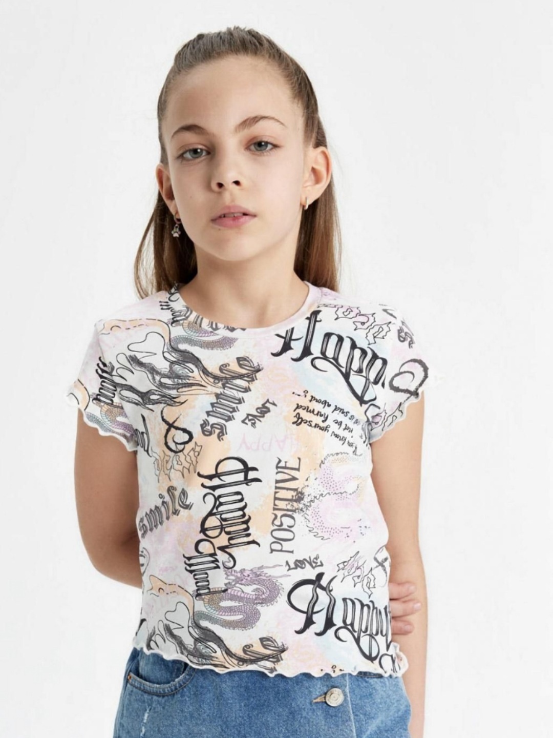 

DeFacto Girls Typography Printed Round Neck Cotton T-shirt, White