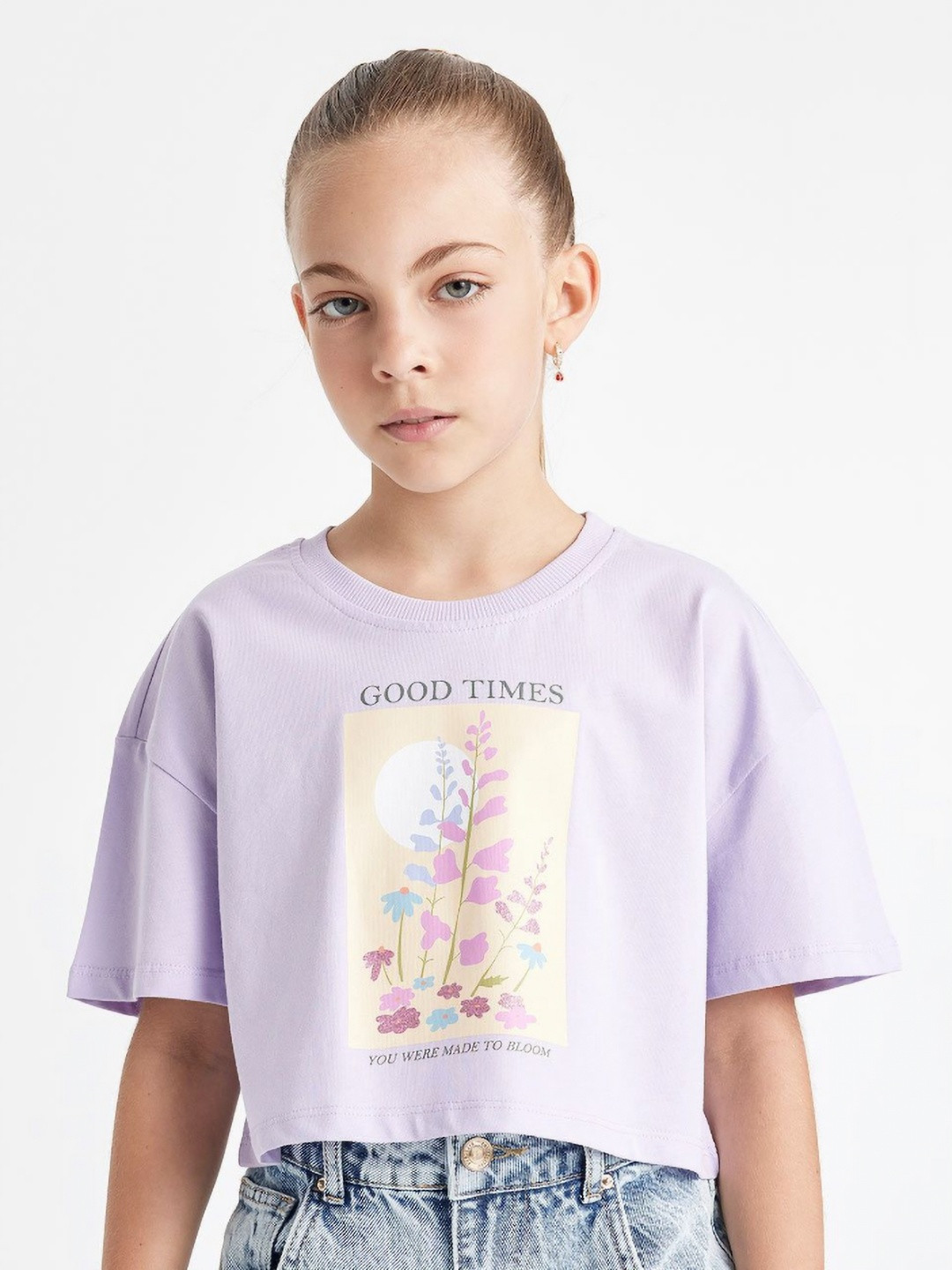 

DeFacto Girls Graphic Printed Round Neck Cotton T-shirt, Lavender