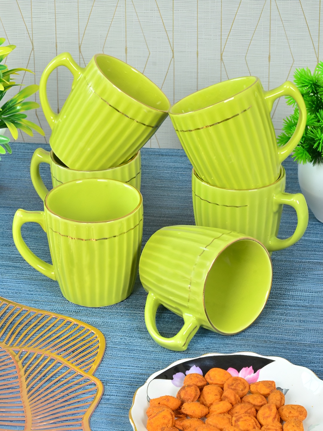 

FABINALIV Green 6 Pieces Textured Ceramic Glossy Cups