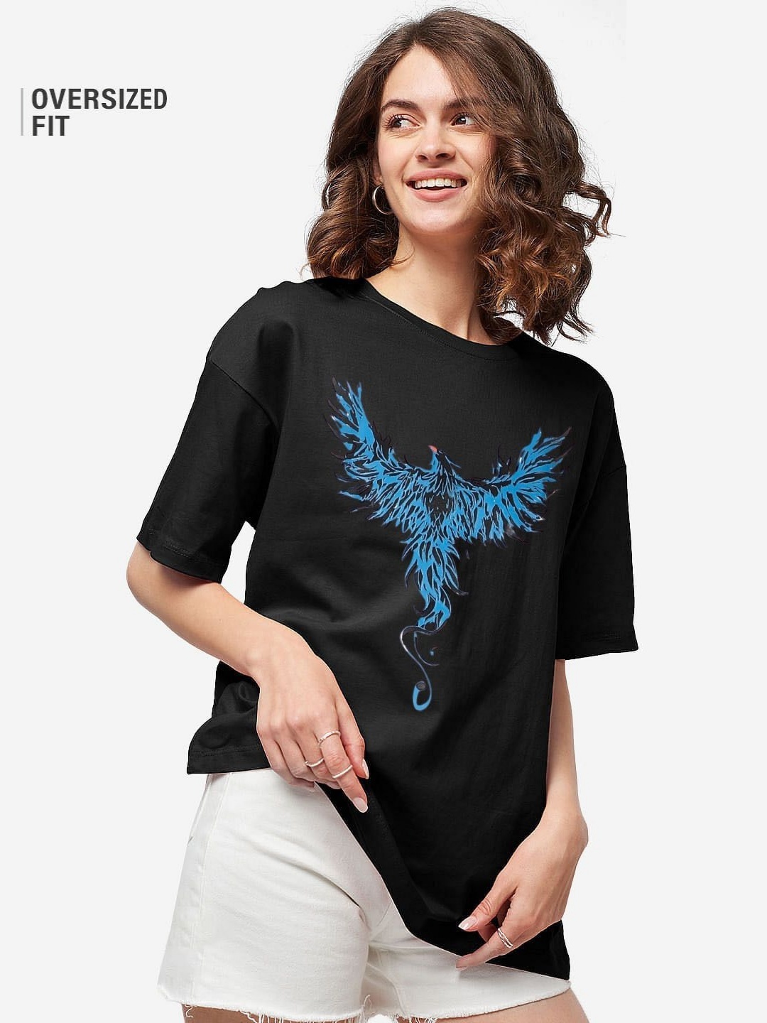 

REVEXO Women Graphic Printed Round Neck Cotton Oversized T-shirt, Black