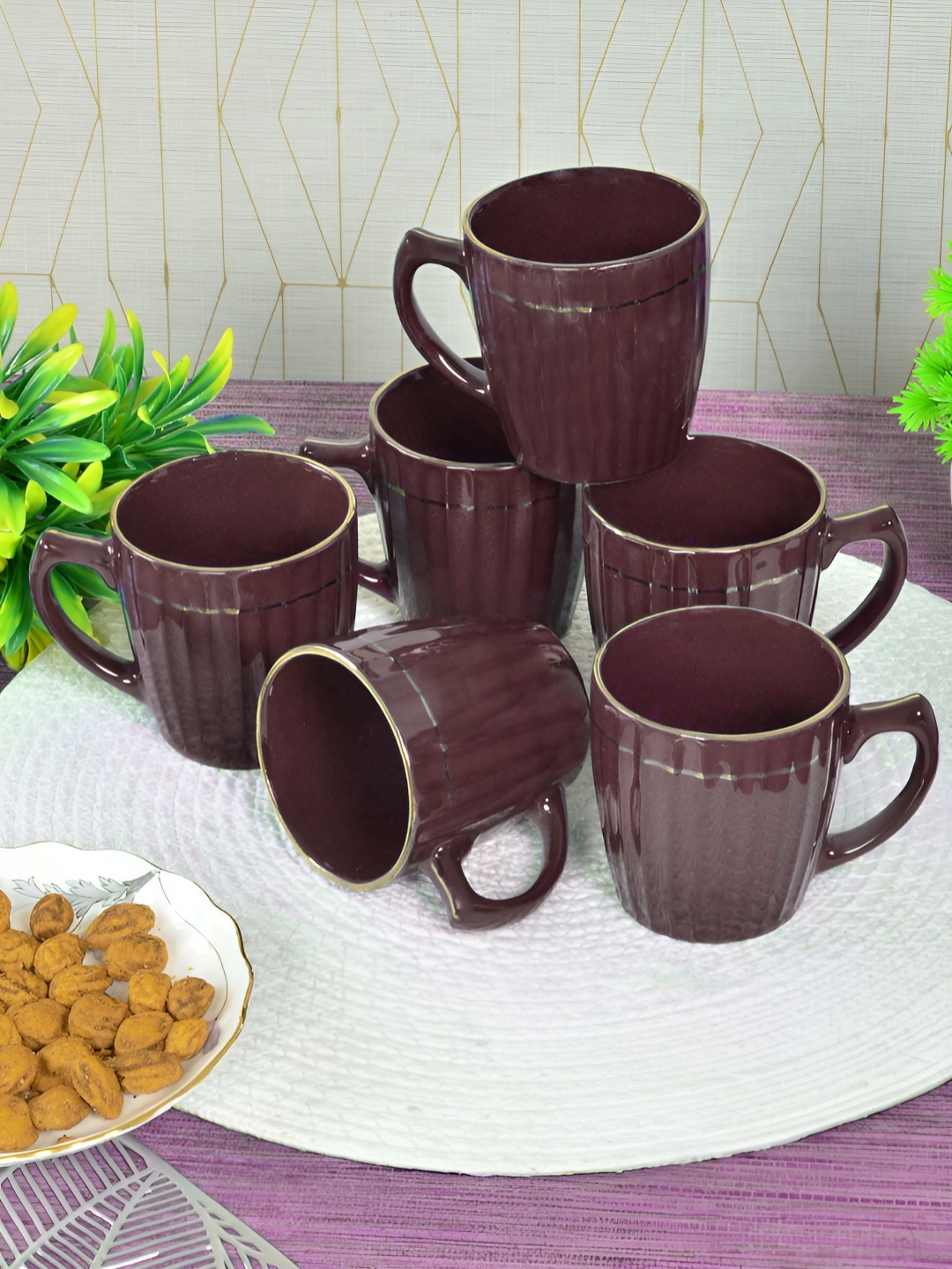 

FABINALIV Brown 6 Pieces Textured Ceramic Glossy Cups and Mugs