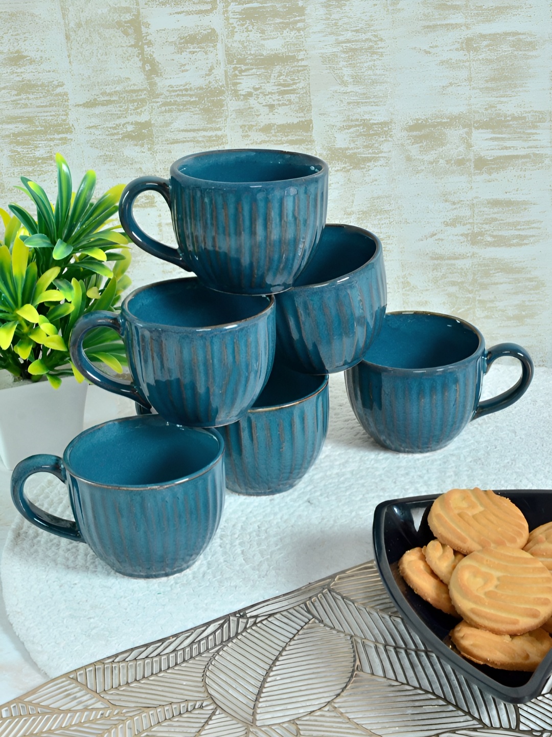

FABINALIV Blue Textured 6 Pieces Ceramic Glossy Cups and Mugs
