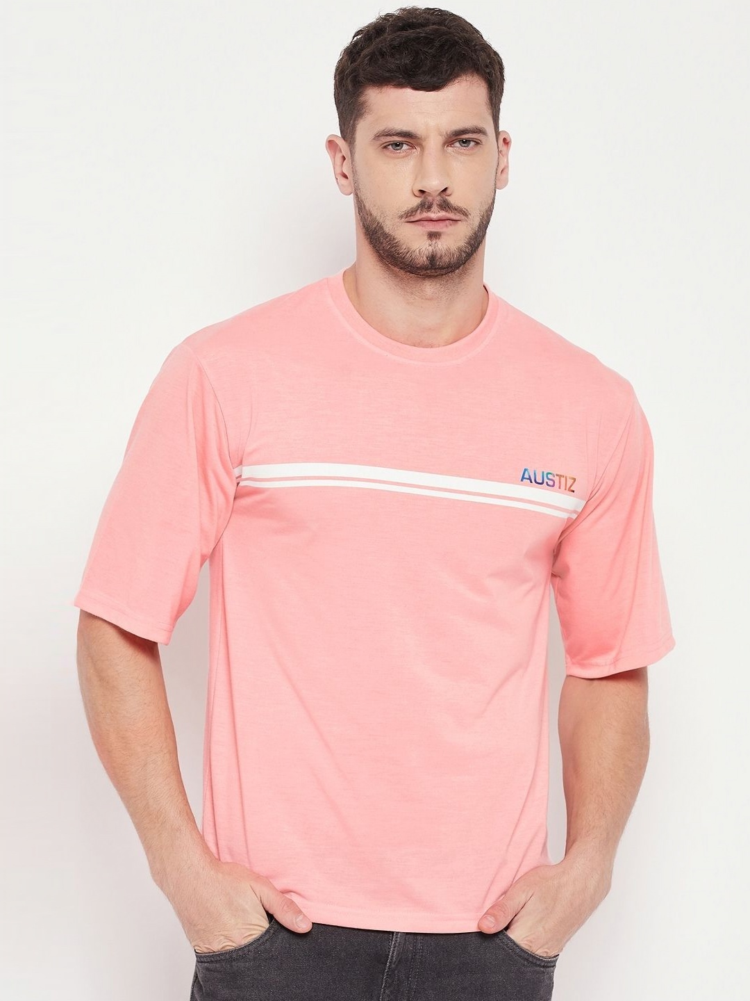 

Austin wood Men Solid Round Neck Cotton T-shirt, Pink