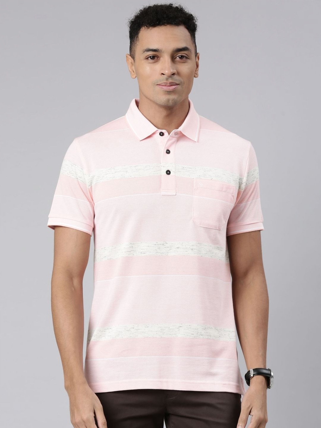 

Classic Polo Men Striped Polo Collar Cotton Slim Fit T-shirt, Peach