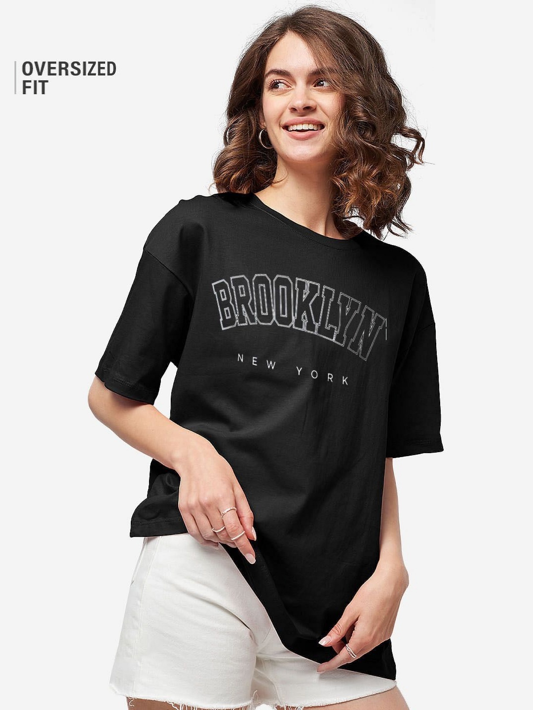 

REVEXO Women Typography Printed Round Neck Cotton Oversized T-shirt, Black
