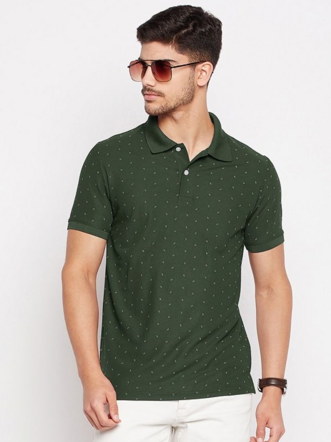 

RISS Men Geometric Printed Polo Collar Cotton T-shirt, Olive