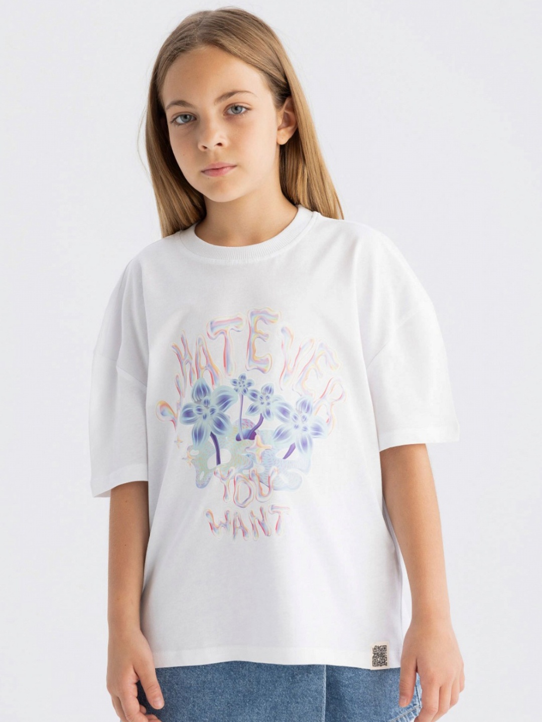 

DeFacto Girls Floral Printed Round Neck Cotton T-shirt, White