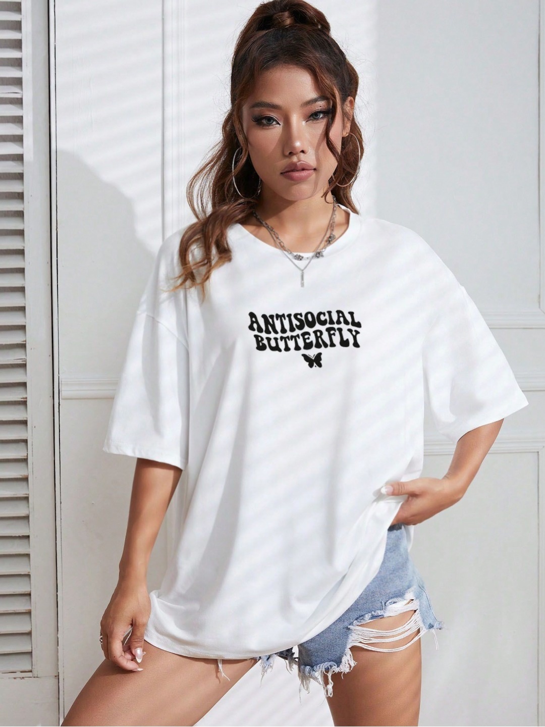 

REVEXO Women Typography Printed Round Neck Cotton Oversized T-shirt, White
