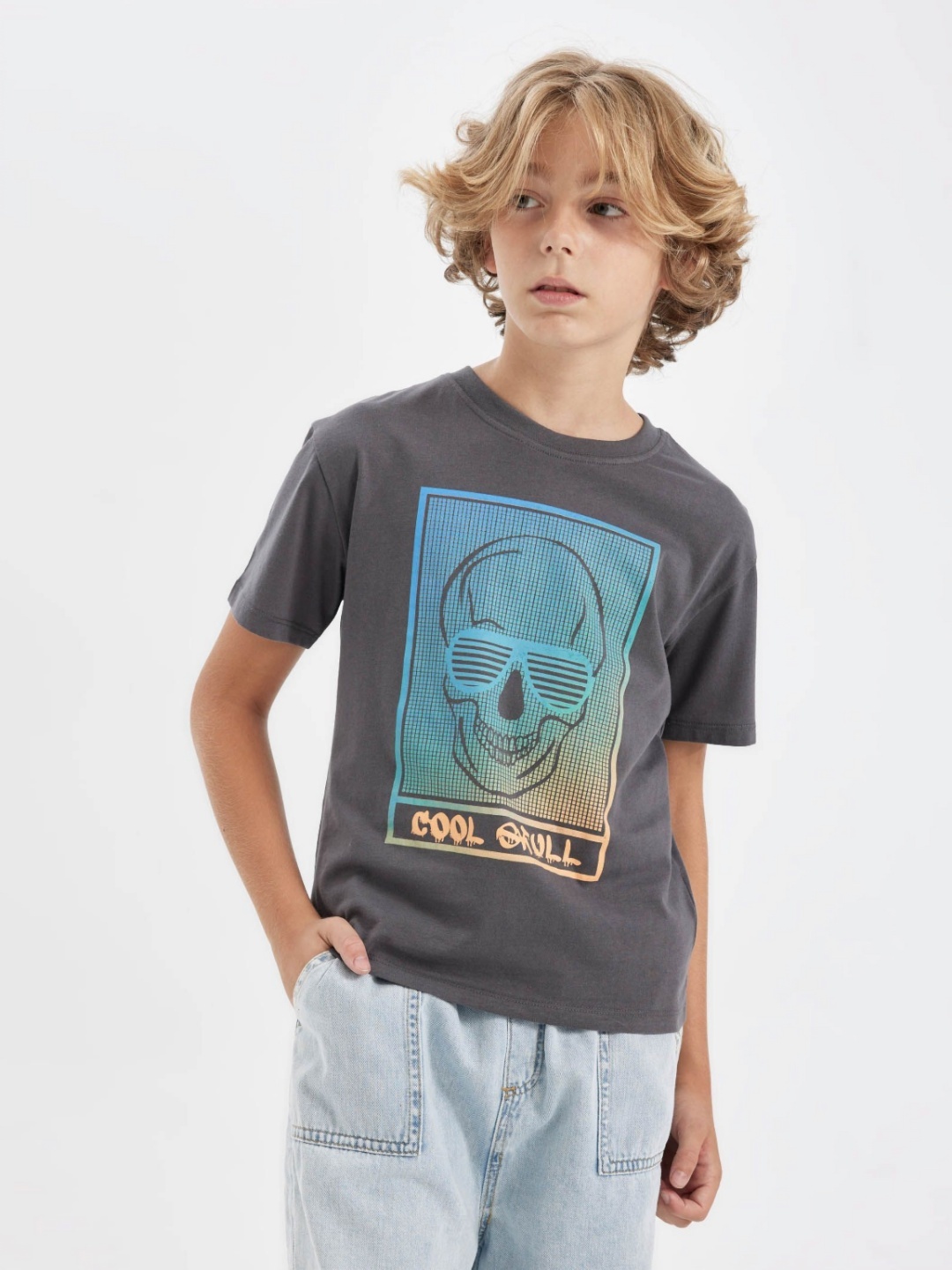

DeFacto Boys Graphic Printed Round Neck Cotton T-shirt, Grey