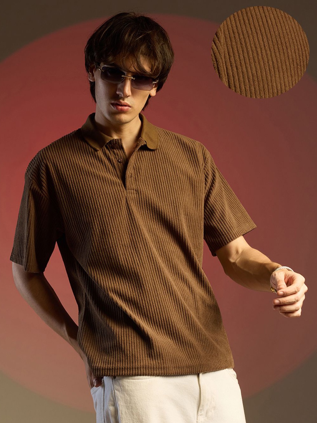 

Campus Sutra Men Self Design Polo Collar Cotton T-shirt, Brown