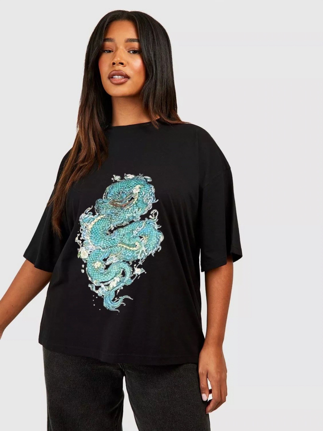 

REVEXO Women Graphic Printed Round Neck Cotton Oversized T-shirt, Black