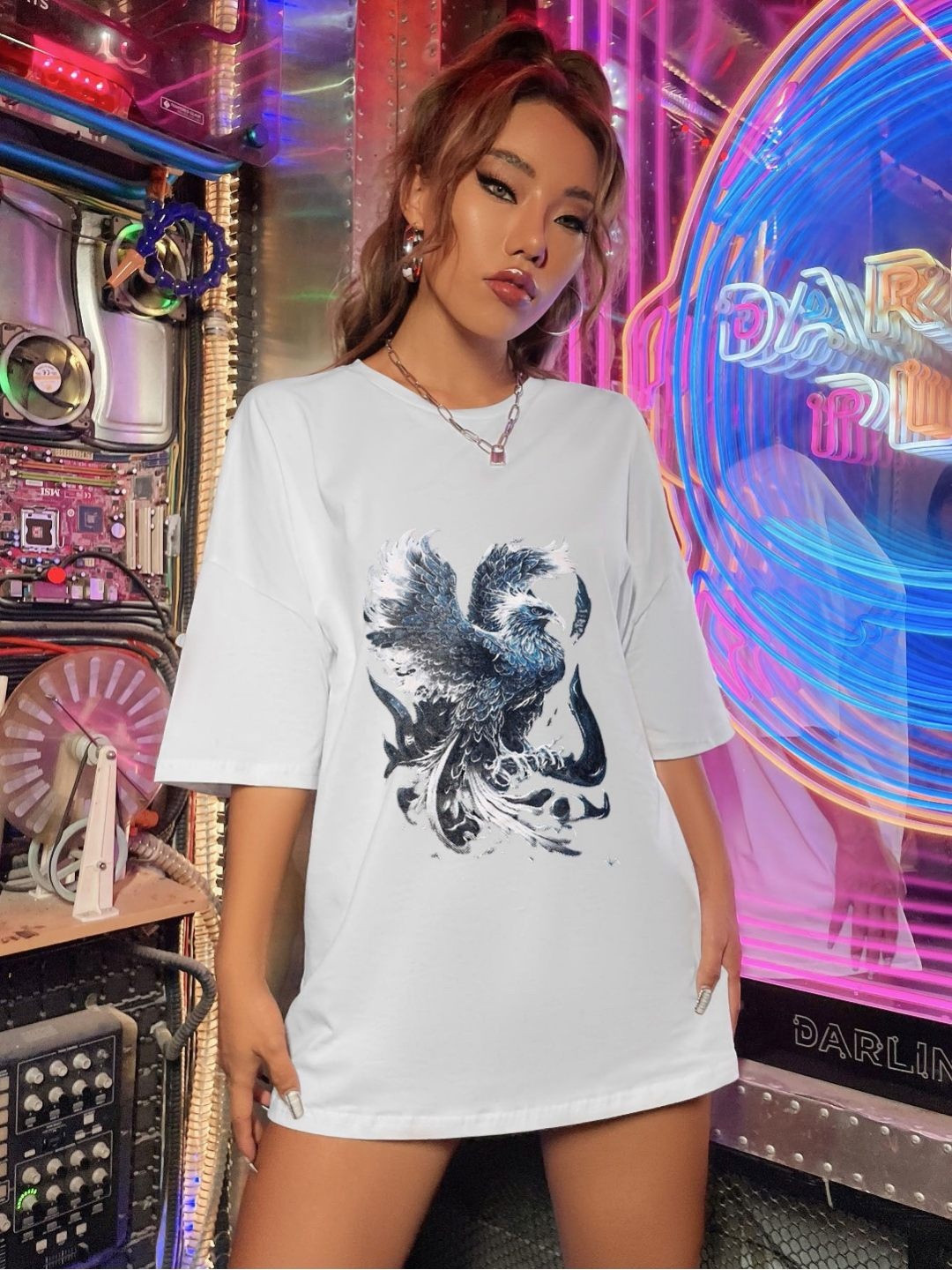 

REVEXO Women Graphic Printed Round Neck Cotton Oversized T-shirt, White