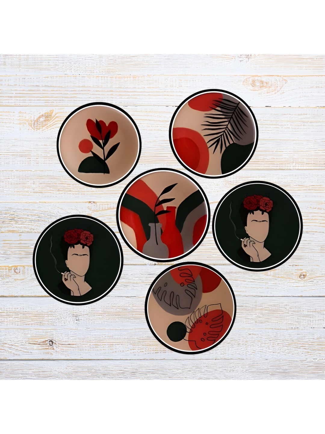 

Home Delight Black & Red 6 Pieces Printed Round Wooden Coasters